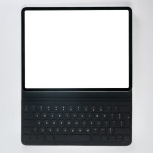 A black laptop computer with a white screen